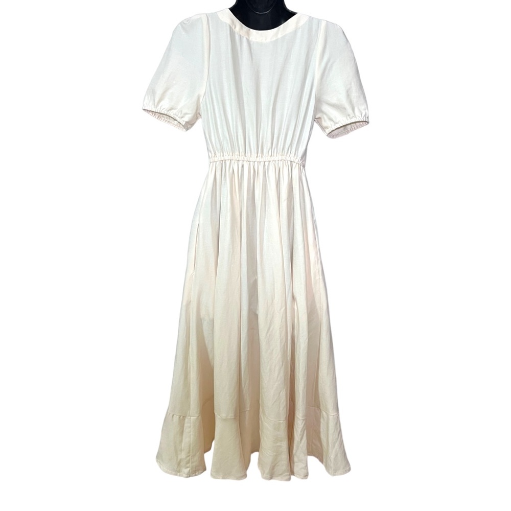 Hatch Cream Tisha Maternity Pleated Puff Sleeve Ruffled Hem Dress - Picture 4 of 6
